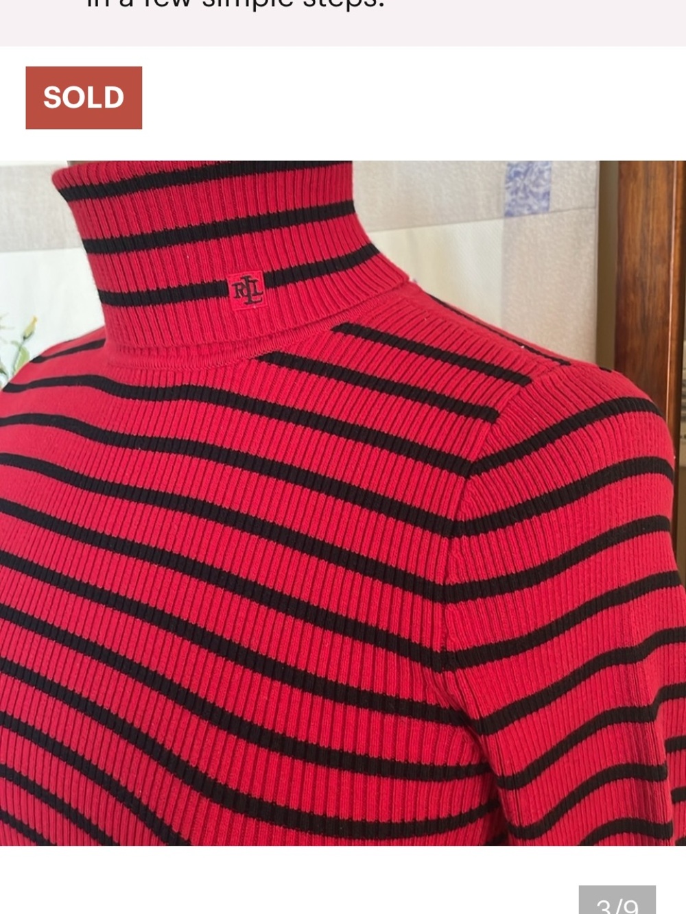 Lauren Ralph Lauren, red/black rib knit cotton, striped, mock turtleneck sweater